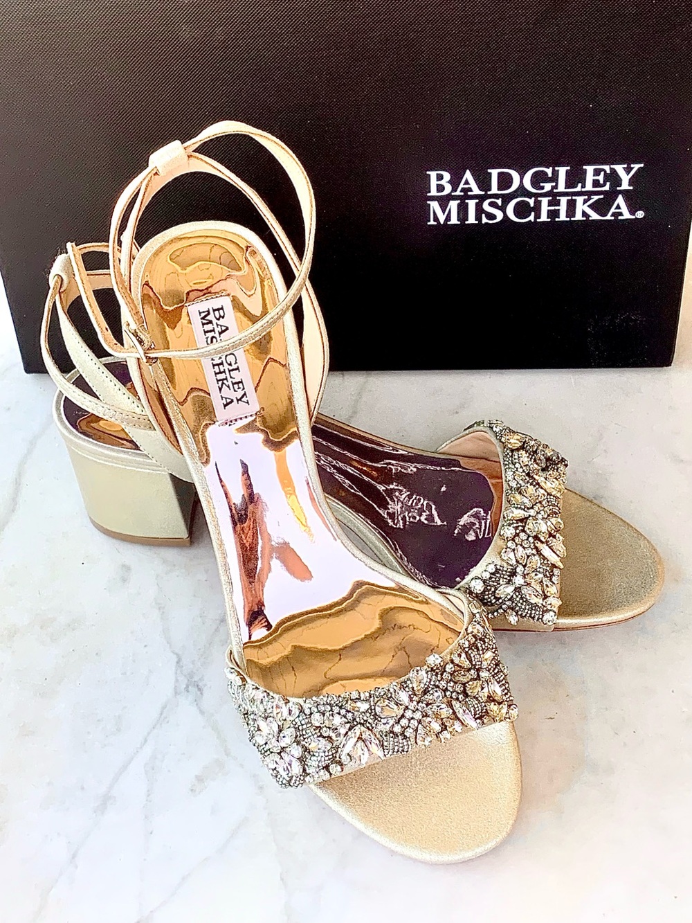 Badgley Mischka Gold Jeweled Ankle-Strap 2 INCH Block Heels SIZE 9 NEW LEATHER
